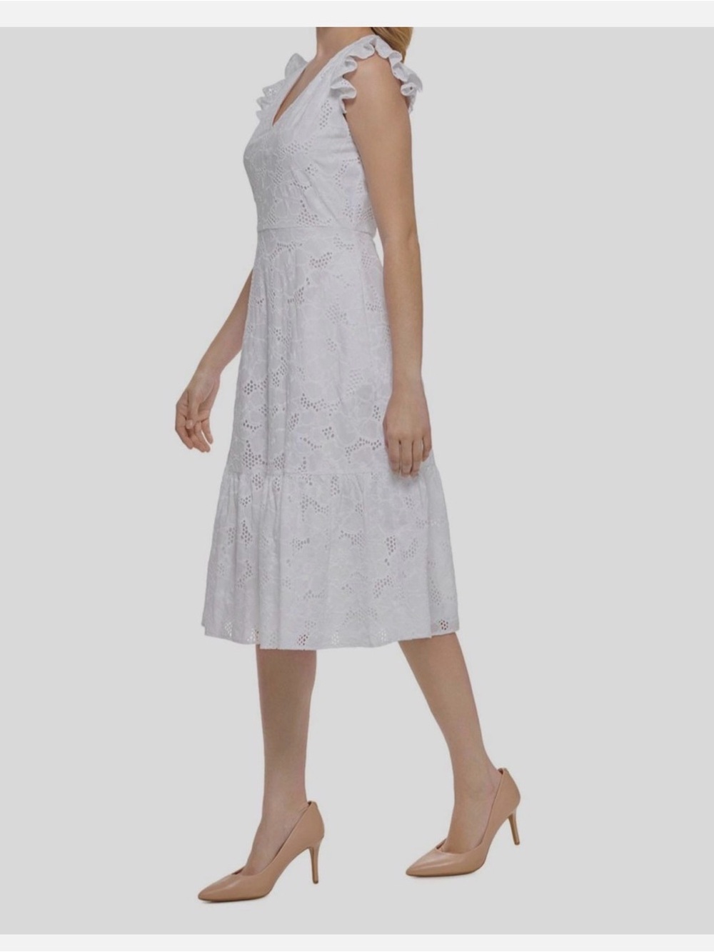 Karl Lagerfeld White Eyelet V-Neck Midi Dress with Ruffle Shoulders Size 8 - Picture 3 of 14